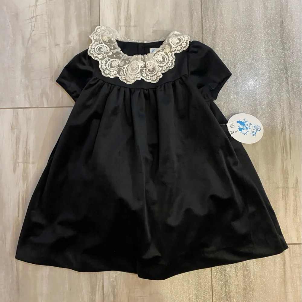 NWT Luli & Me Heirloom Lace Deluxe Black Velvet Float Dress & Bloomers girls 24M